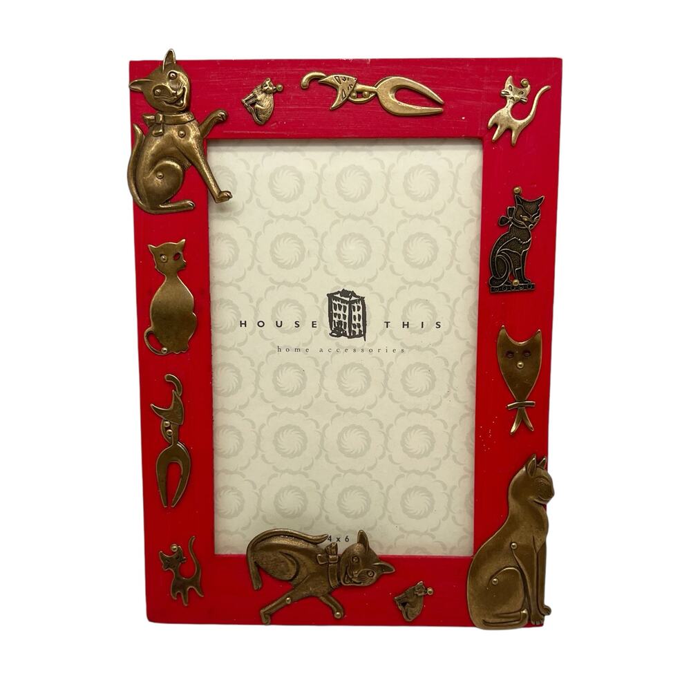 House This Home Accessories Red 4 x 6 Photo Picture Frame with Gold Metal Cats
